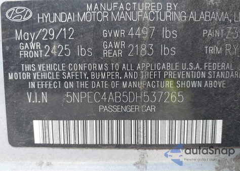 2013 Hyundai Sonata Se 2.0T из США, поврежденный, VIN 5NPEC4AB5DH537265